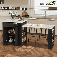 Bellemave® Kitchen Island with Extendable Dining Table, 80.7" Kitchen Storage Islands with Double - Door Cabinet, Power Outlet, 2 Drawers & 2 Open Shelves, Temporary Breakfast Bar - Bellemave