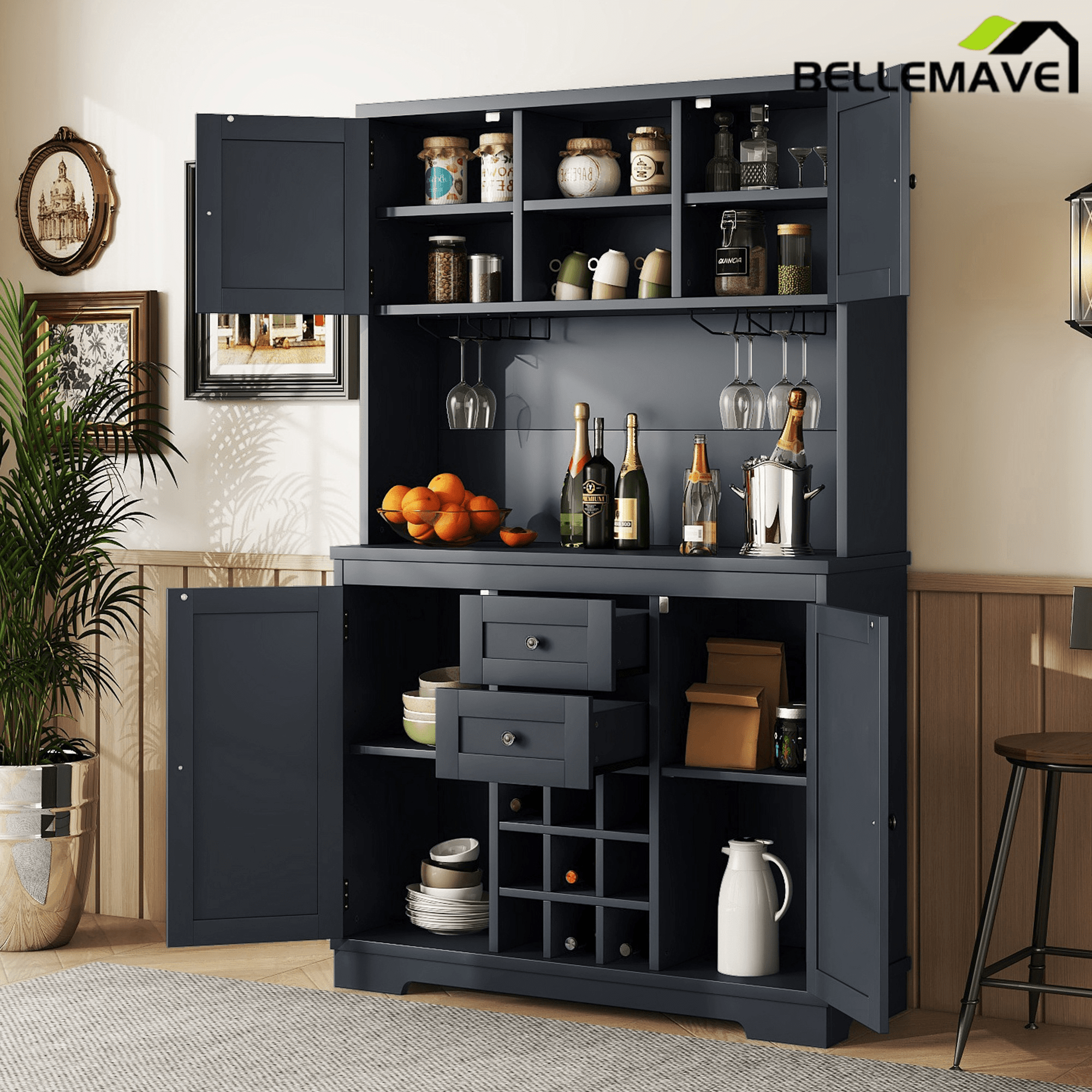 Bellemave® Kitchen Pantry Storage Cabinet with Barn Doors, Microwave Stand, Large Drawers & Shelves for Dining Room, Kitchen(Drak Blue) - Bellemave