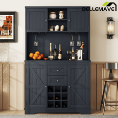 Bellemave® Kitchen Pantry Storage Cabinet with Barn Doors, Microwave Stand, Large Drawers & Shelves for Dining Room, Kitchen(Drak Blue) - Bellemave