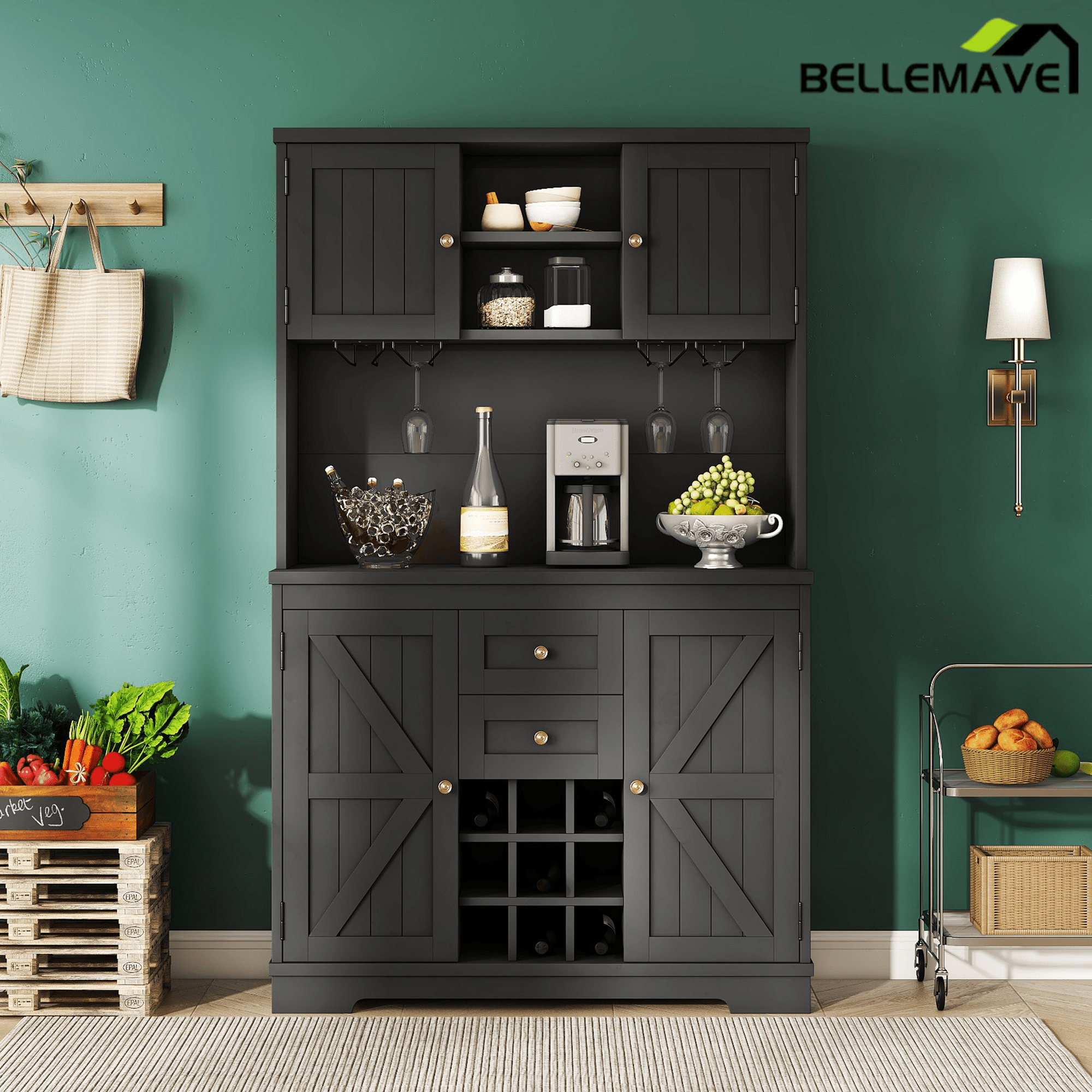 Bellemave® Kitchen Pantry Storage Cabinet with Barn Doors, Microwave Stand, Large Drawers & Shelves for Dining Room, Kitchen(Drak Blue) - Bellemave