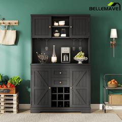 Bellemave® Kitchen Pantry Storage Cabinet with Barn Doors, Microwave Stand, Large Drawers & Shelves for Dining Room, Kitchen(Drak Blue) - Bellemave
