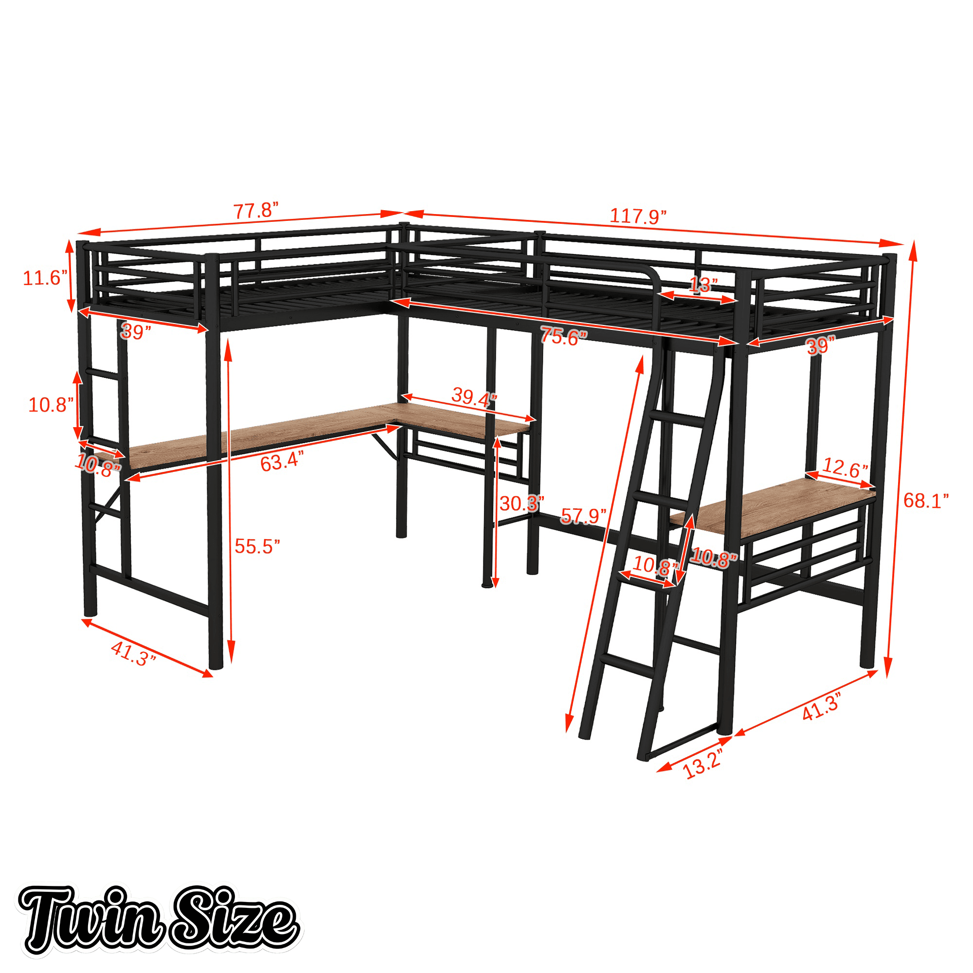 Bellemave® L - Shape Loft Beds with Two Desk Metal Double Twin Size Loft Beds Frame Heavy - Duty Black Corner Twin Bed - Bellemave