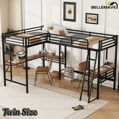 Bellemave® L - Shape Loft Beds with Two Desk Metal Double Twin Size Loft Beds Frame Heavy - Duty Black Corner Twin Bed - Bellemave