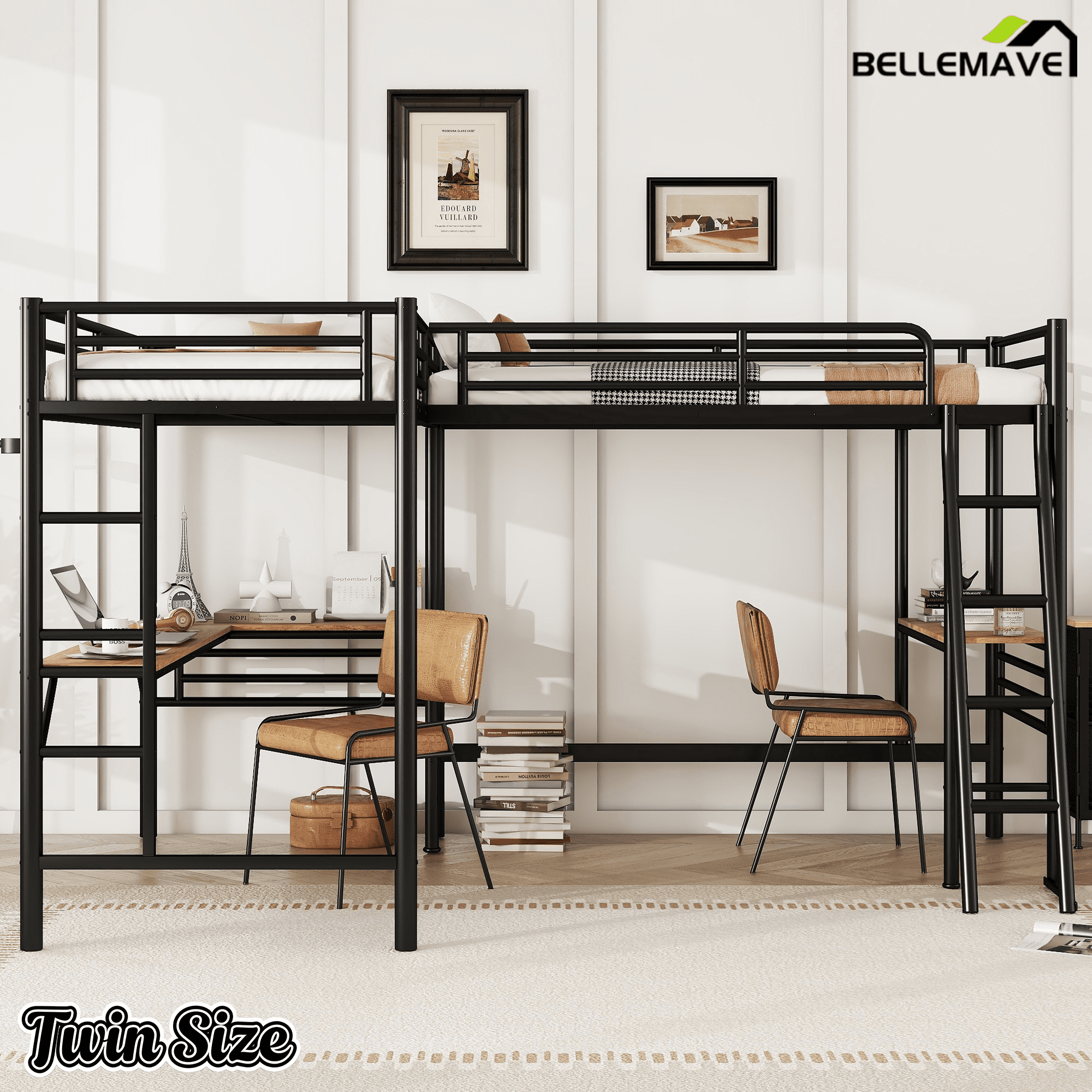 Bellemave® L - Shape Loft Beds with Two Desk Metal Double Twin Size Loft Beds Frame Heavy - Duty Black Corner Twin Bed - Bellemave