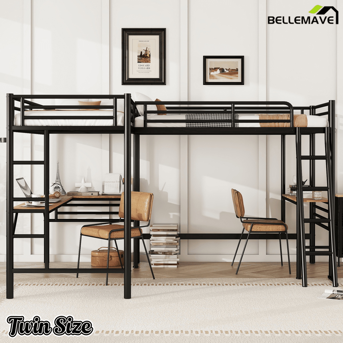 Bellemave® L - Shape Loft Beds with Two Desk Metal Double Twin Size Loft Beds Frame Heavy - Duty Black Corner Twin Bed - Bellemave