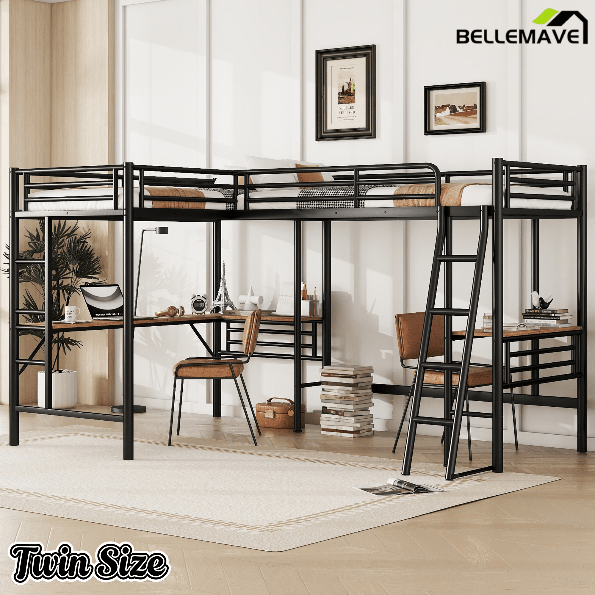 Bellemave® L - Shape Loft Beds with Two Desk Metal Double Twin Size Loft Beds Frame Heavy - Duty Black Corner Twin Bed - Bellemave