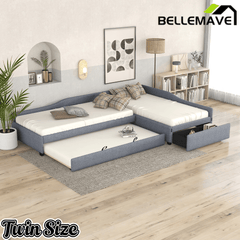Bellemave® L - Shape Platform Bed Twin Size Upholstered Daybed with Trundle & Storage Drawer, Linen Corner Day Bed Frame for 3 Kids - Bellemave