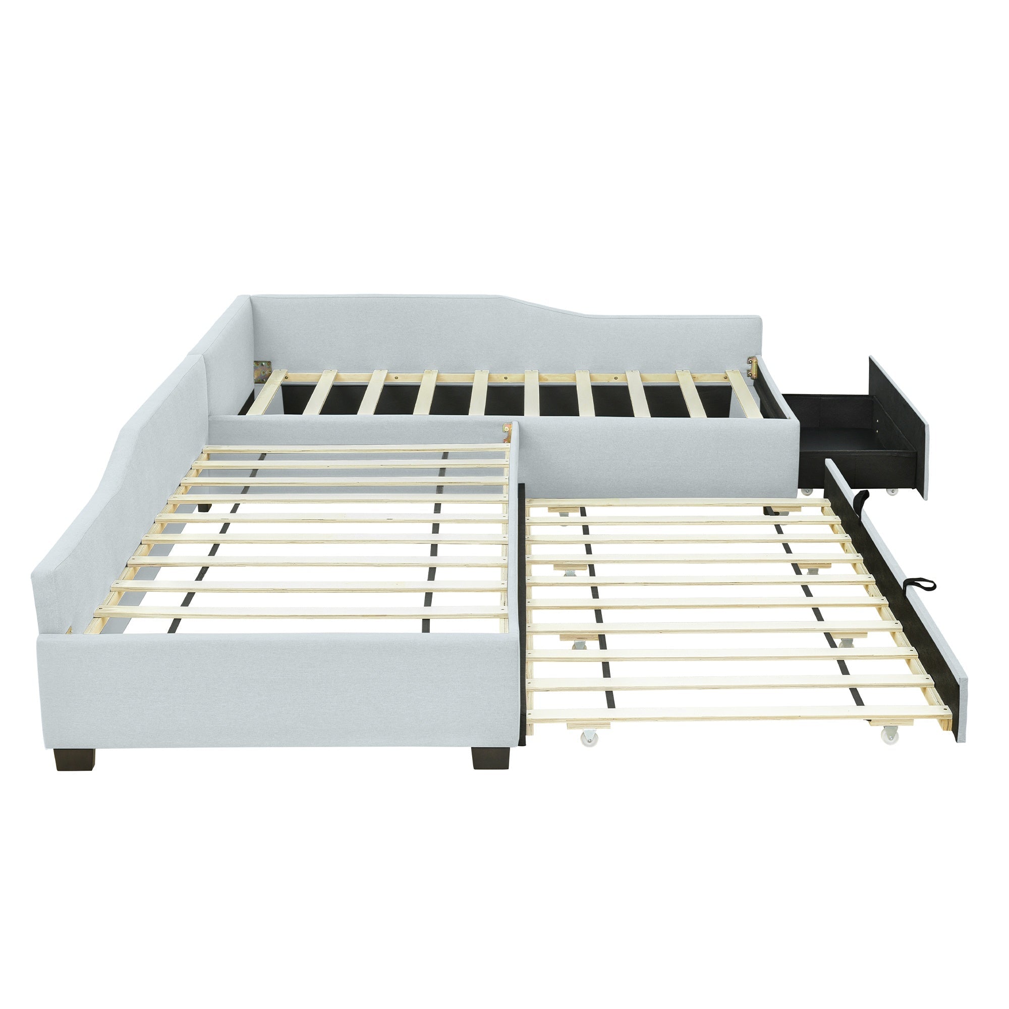 Bellemave® L - Shape Platform Bed Twin Size Upholstered Daybed with Trundle & Storage Drawer, Linen Corner Day Bed Frame for 3 Kids - Bellemave