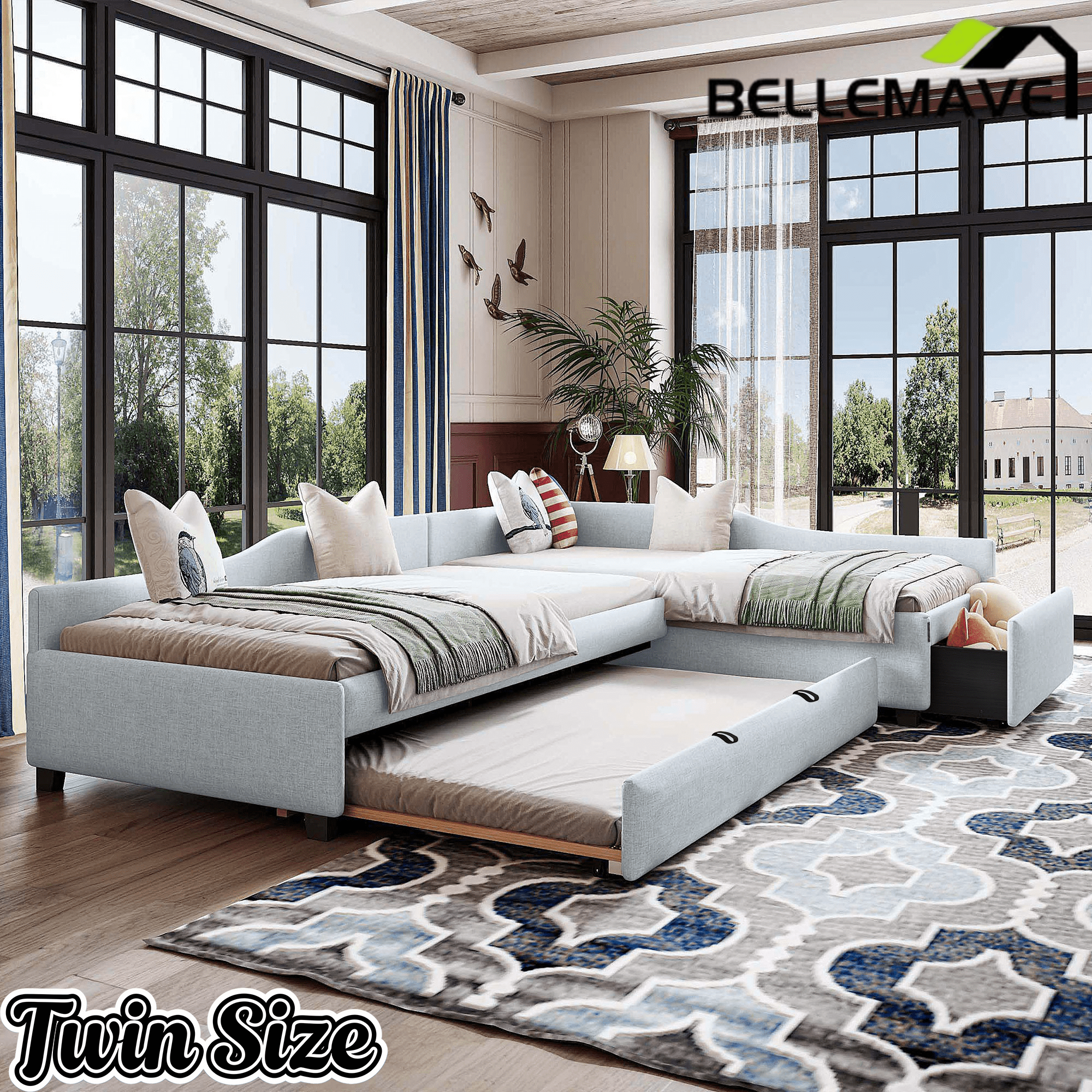 Bellemave® L - Shape Platform Bed Twin Size Upholstered Daybed with Trundle & Storage Drawer, Linen Corner Day Bed Frame for 3 Kids - Bellemave