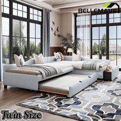 Bellemave® L - Shape Platform Bed Twin Size Upholstered Daybed with Trundle & Storage Drawer, Linen Corner Day Bed Frame for 3 Kids - Bellemave