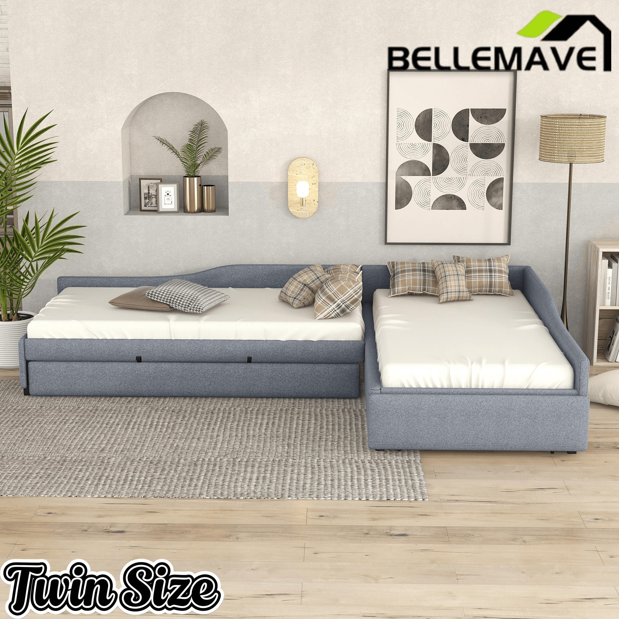 Bellemave® L - Shape Platform Bed Twin Size Upholstered Daybed with Trundle & Storage Drawer, Linen Corner Day Bed Frame for 3 Kids - Bellemave