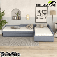 Bellemave® L - Shape Platform Bed Twin Size Upholstered Daybed with Trundle & Storage Drawer, Linen Corner Day Bed Frame for 3 Kids - Bellemave