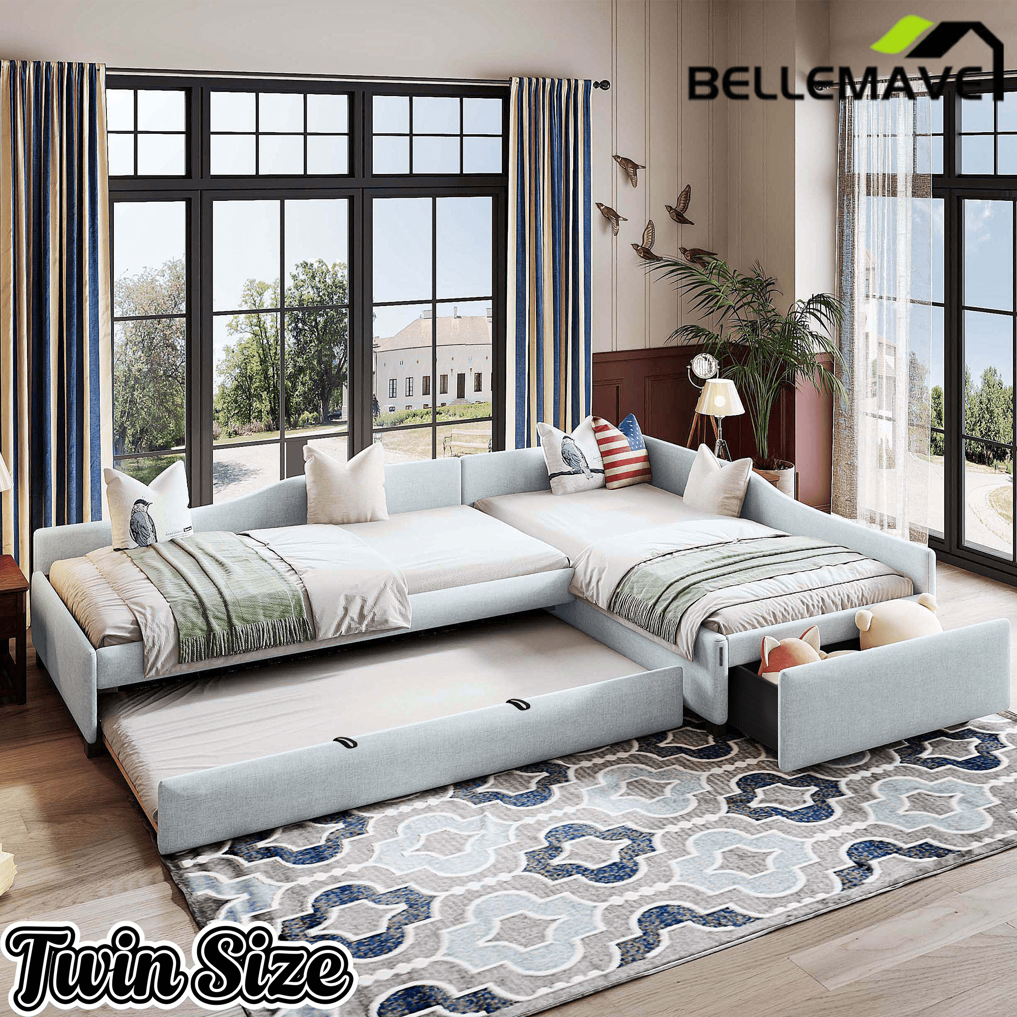 Bellemave® L - Shape Platform Bed Twin Size Upholstered Daybed with Trundle & Storage Drawer, Linen Corner Day Bed Frame for 3 Kids - Bellemave