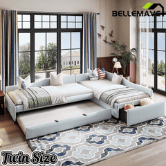 Bellemave® L - Shape Platform Bed Twin Size Upholstered Daybed with Trundle & Storage Drawer, Linen Corner Day Bed Frame for 3 Kids - Bellemave