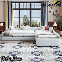 Bellemave® L - Shape Platform Bed Twin Size Upholstered Daybed with Trundle & Storage Drawer, Linen Corner Day Bed Frame for 3 Kids - Bellemave
