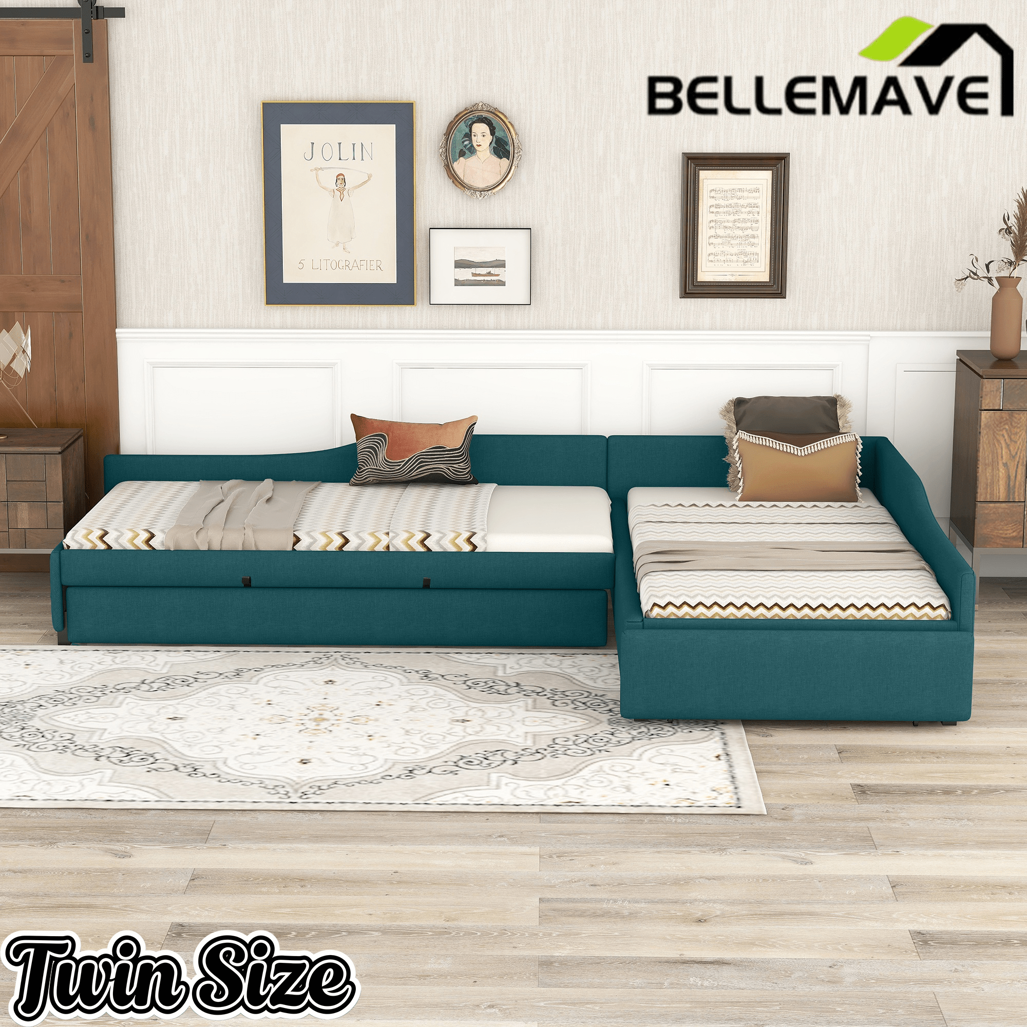 Bellemave® L - Shape Platform Bed Twin Size Upholstered Daybed with Trundle & Storage Drawer, Linen Corner Day Bed Frame for 3 Kids - Bellemave