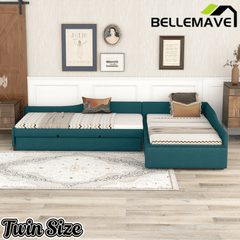 Bellemave® L - Shape Platform Bed Twin Size Upholstered Daybed with Trundle & Storage Drawer, Linen Corner Day Bed Frame for 3 Kids - Bellemave