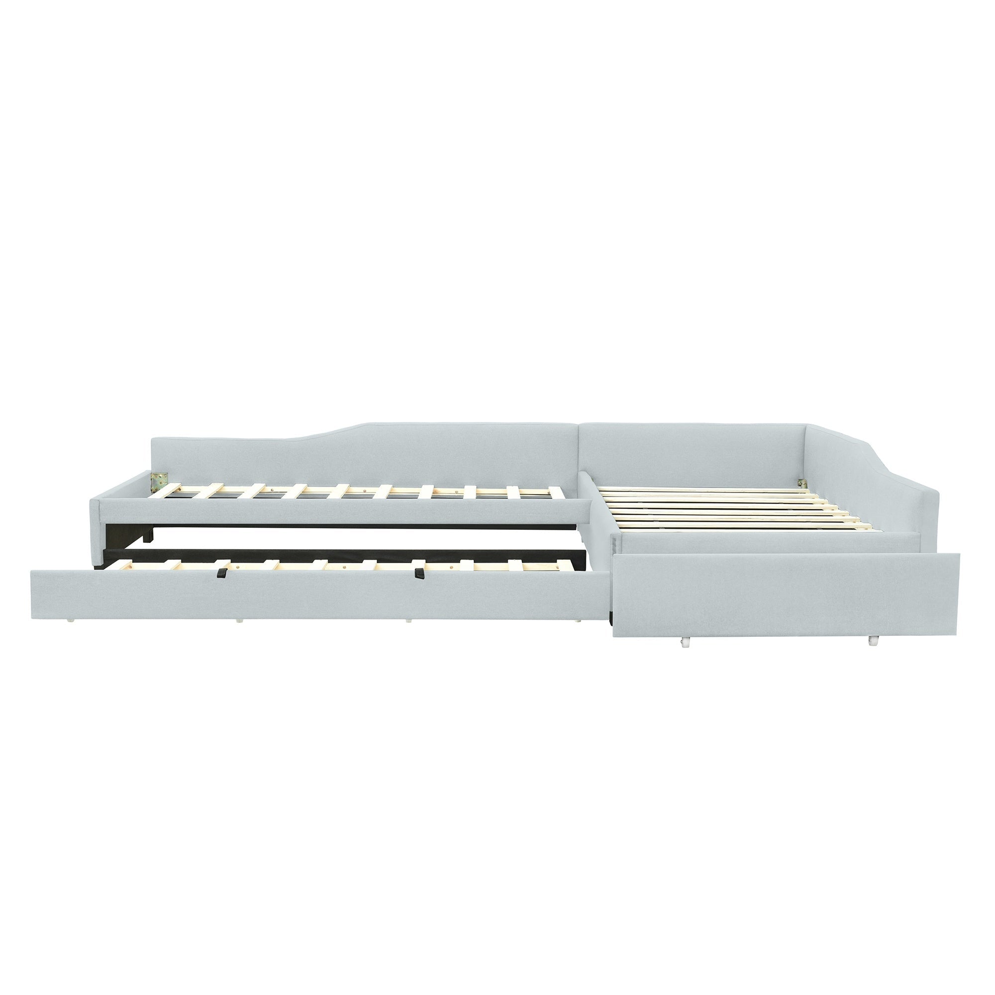 Bellemave® L - Shape Platform Bed Twin Size Upholstered Daybed with Trundle & Storage Drawer, Linen Corner Day Bed Frame for 3 Kids - Bellemave