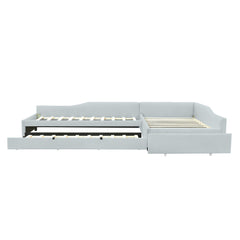 Bellemave® L - Shape Platform Bed Twin Size Upholstered Daybed with Trundle & Storage Drawer, Linen Corner Day Bed Frame for 3 Kids - Bellemave