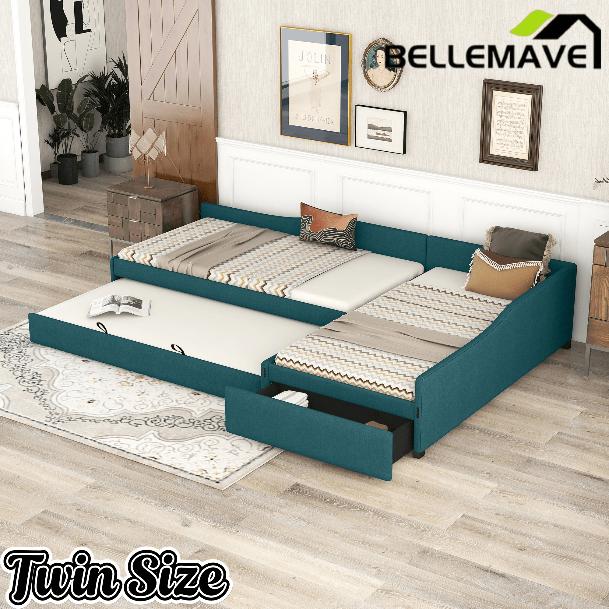 Bellemave® L - Shape Platform Bed Twin Size Upholstered Daybed with Trundle & Storage Drawer, Linen Corner Day Bed Frame for 3 Kids - Bellemave