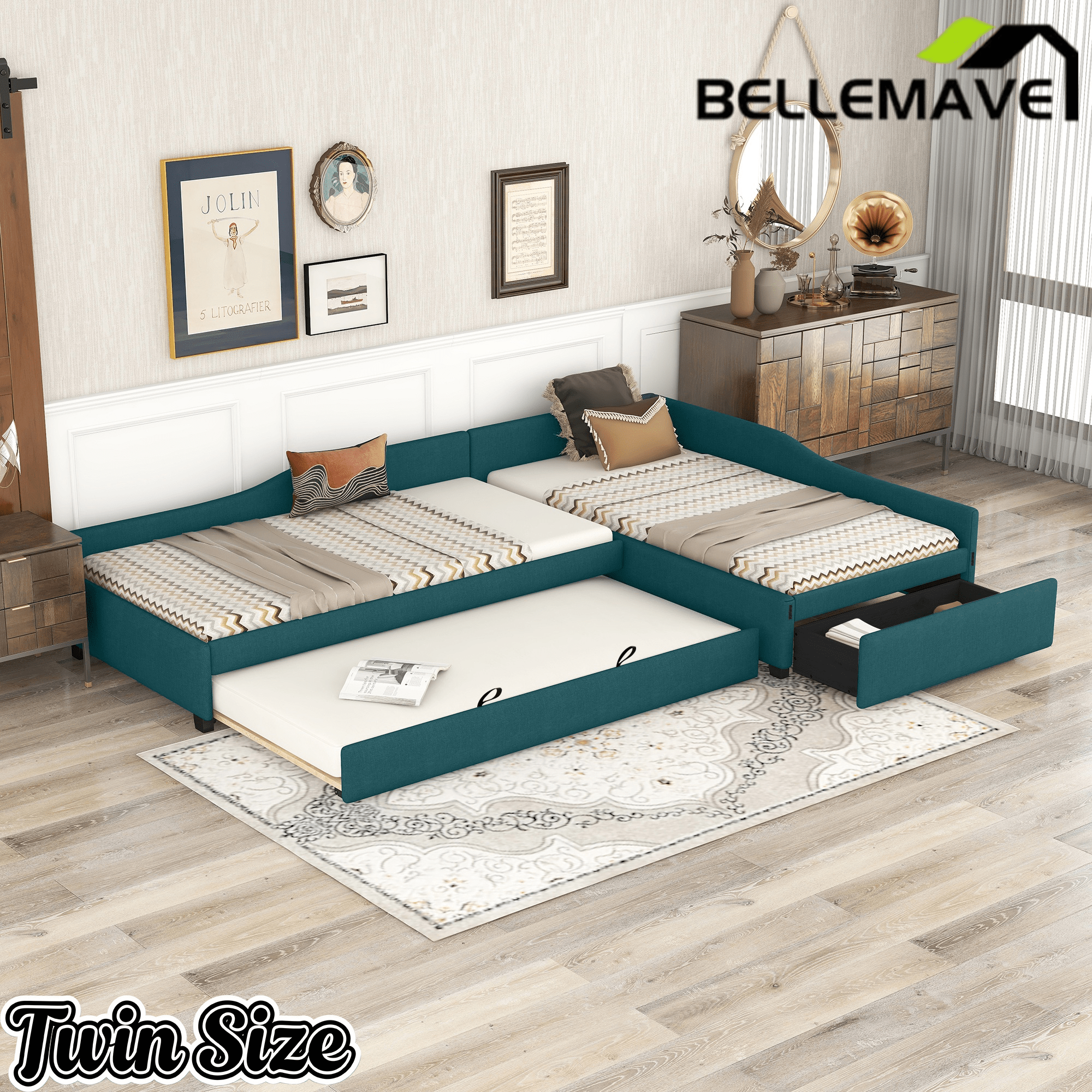 Bellemave® L - Shape Platform Bed Twin Size Upholstered Daybed with Trundle & Storage Drawer, Linen Corner Day Bed Frame for 3 Kids - Bellemave