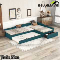 Bellemave® L - Shape Platform Bed Twin Size Upholstered Daybed with Trundle & Storage Drawer, Linen Corner Day Bed Frame for 3 Kids - Bellemave