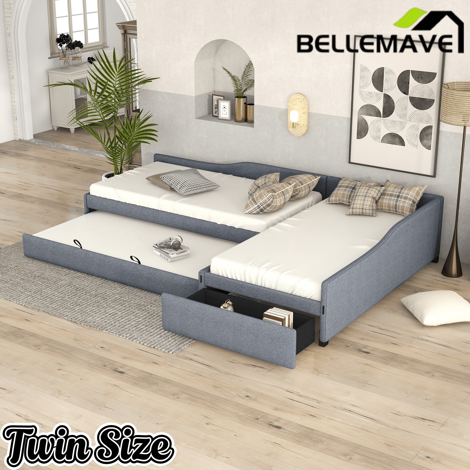 Bellemave® L - Shape Platform Bed Twin Size Upholstered Daybed with Trundle & Storage Drawer, Linen Corner Day Bed Frame for 3 Kids - Bellemave