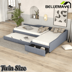 Bellemave® L - Shape Platform Bed Twin Size Upholstered Daybed with Trundle & Storage Drawer, Linen Corner Day Bed Frame for 3 Kids - Bellemave