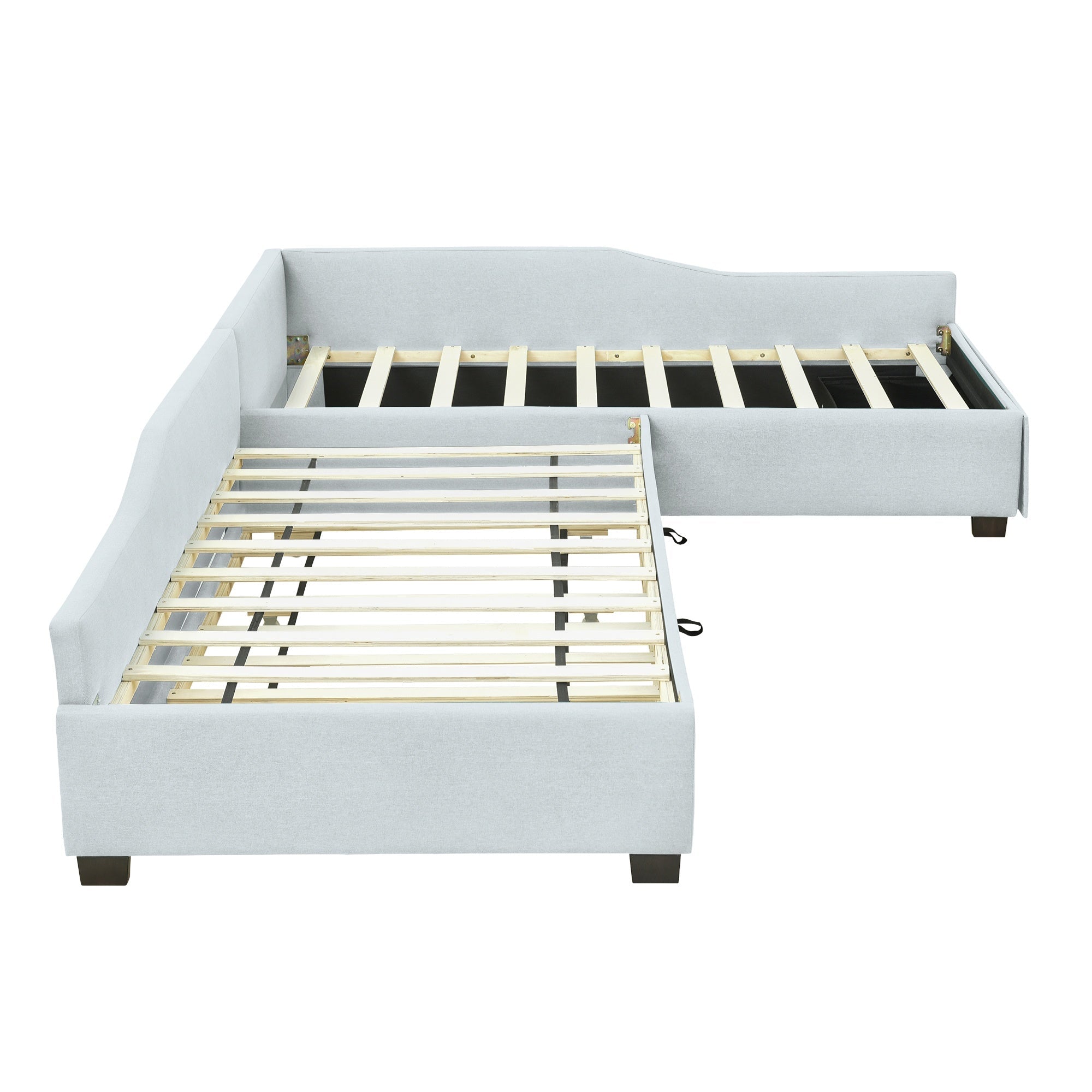 Bellemave® L - Shape Platform Bed Twin Size Upholstered Daybed with Trundle & Storage Drawer, Linen Corner Day Bed Frame for 3 Kids - Bellemave