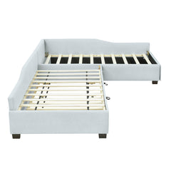 Bellemave® L - Shape Platform Bed Twin Size Upholstered Daybed with Trundle & Storage Drawer, Linen Corner Day Bed Frame for 3 Kids - Bellemave