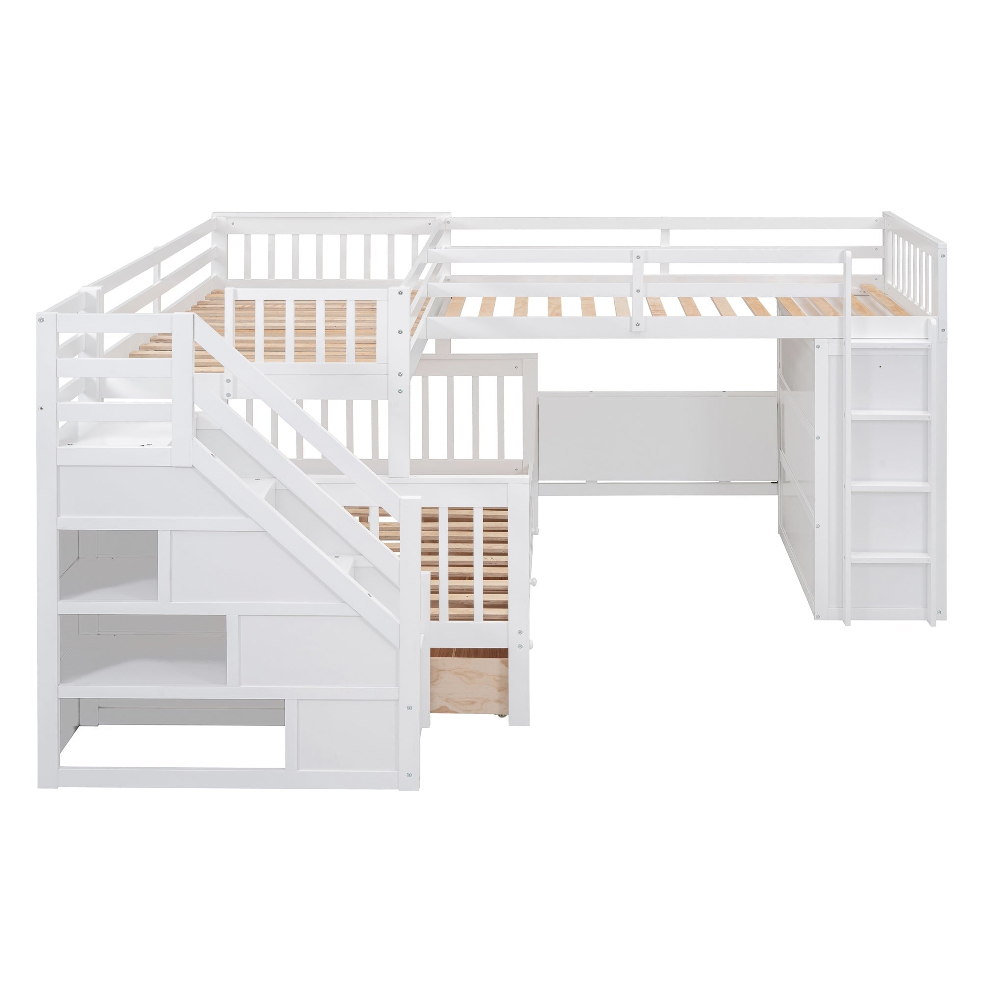 Bellemave® L - Shape Wood Triple Bunk Beds with Stairs, Desk, Storage Wardrobe, Shelves & Drawers - Bellemave