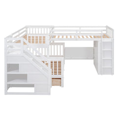 Bellemave® L - Shape Wood Triple Bunk Beds with Stairs, Desk, Storage Wardrobe, Shelves & Drawers - Bellemave