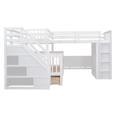 Bellemave® L - Shape Wood Triple Bunk Beds with Stairs, Desk, Storage Wardrobe, Shelves & Drawers - Bellemave