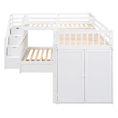 Bellemave® L - Shape Wood Triple Bunk Beds with Stairs, Desk, Storage Wardrobe, Shelves & Drawers - Bellemave