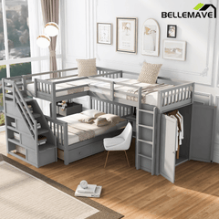Bellemave® L - Shape Wood Triple Bunk Beds with Stairs, Desk, Storage Wardrobe, Shelves & Drawers - Bellemave