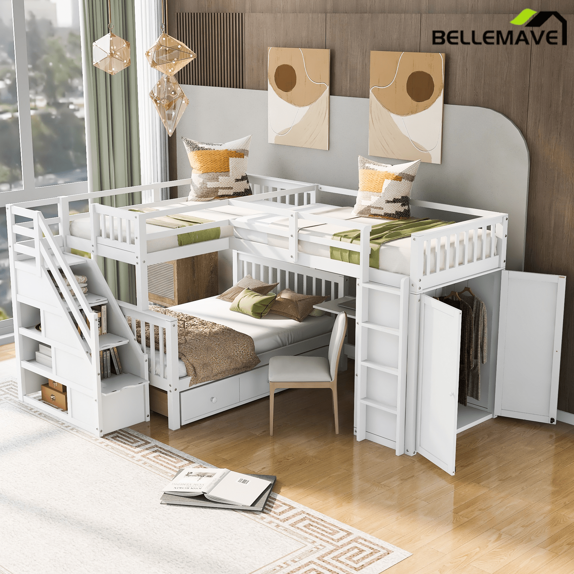 Bellemave® L - Shape Wood Triple Bunk Beds with Stairs, Desk, Storage Wardrobe, Shelves & Drawers - Bellemave