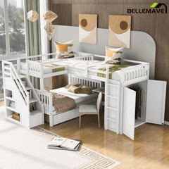 Bellemave® L - Shape Wood Triple Bunk Beds with Stairs, Desk, Storage Wardrobe, Shelves & Drawers - Bellemave