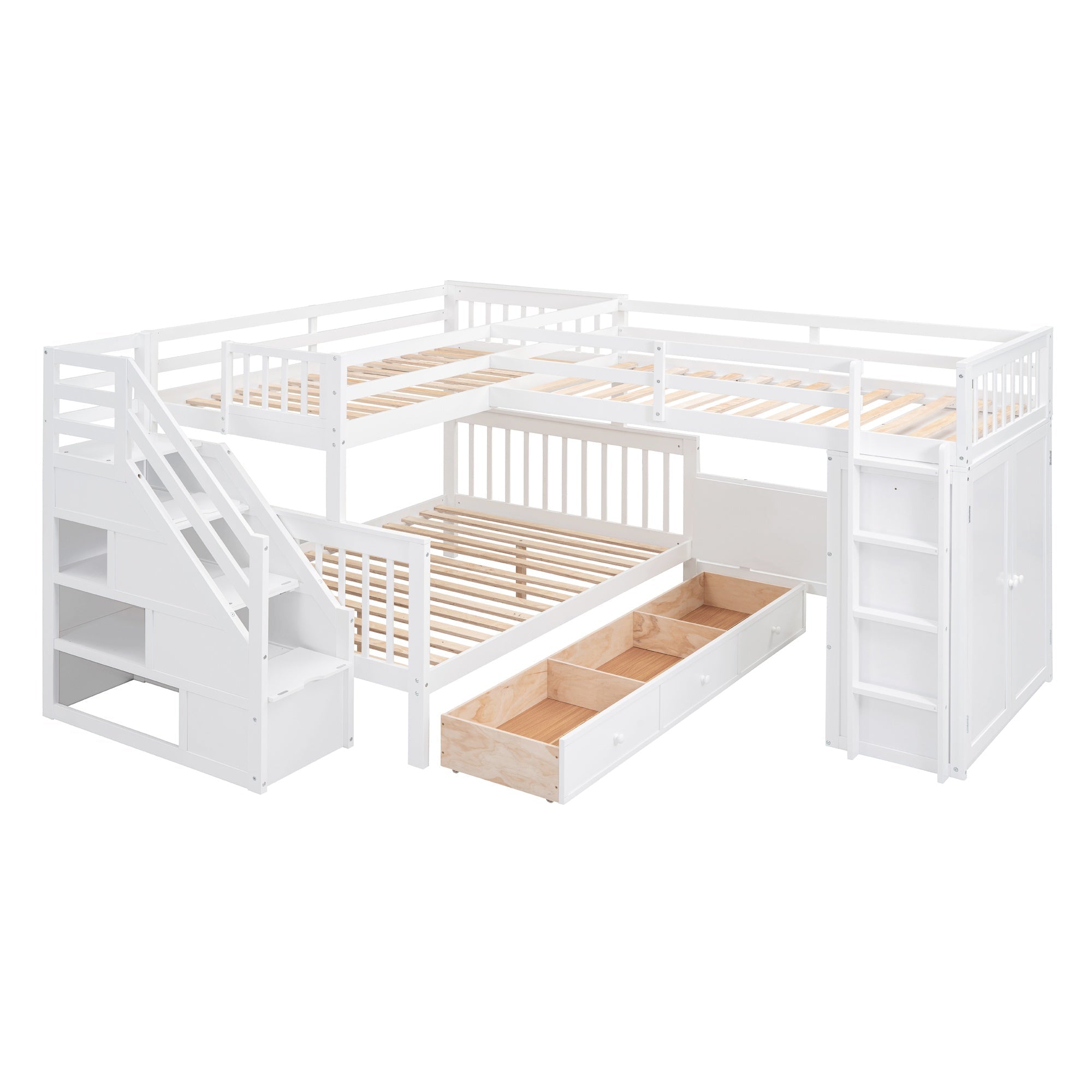 Bellemave® L - Shape Wood Triple Bunk Beds with Stairs, Desk, Storage Wardrobe, Shelves & Drawers - Bellemave