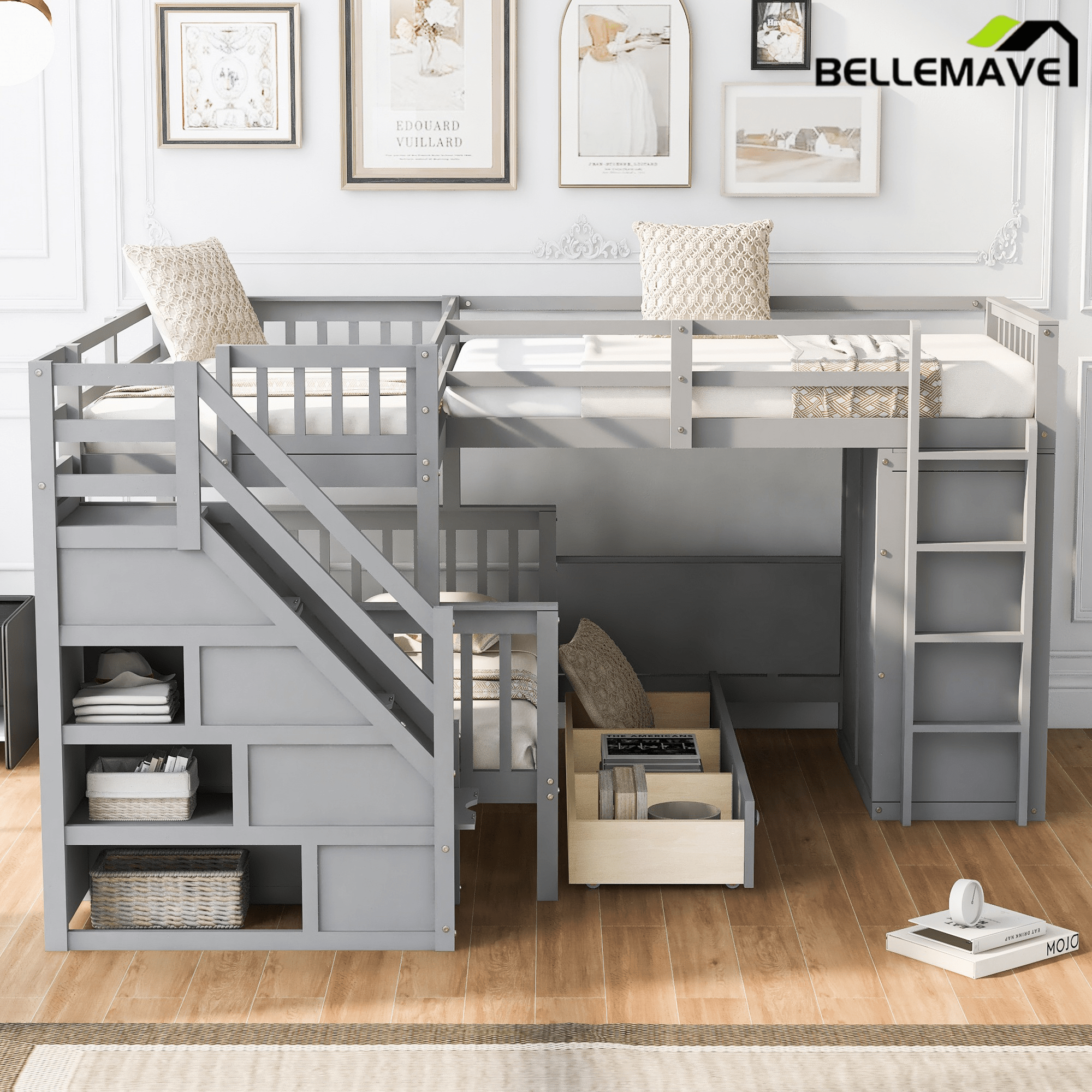 Bellemave® L - Shape Wood Triple Bunk Beds with Stairs, Desk, Storage Wardrobe, Shelves & Drawers - Bellemave