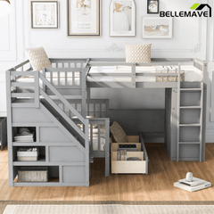 Bellemave® L - Shape Wood Triple Bunk Beds with Stairs, Desk, Storage Wardrobe, Shelves & Drawers - Bellemave