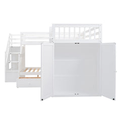 Bellemave® L - Shape Wood Triple Bunk Beds with Stairs, Desk, Storage Wardrobe, Shelves & Drawers - Bellemave