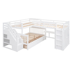 Bellemave® L - Shape Wood Triple Bunk Beds with Stairs, Desk, Storage Wardrobe, Shelves & Drawers - Bellemave
