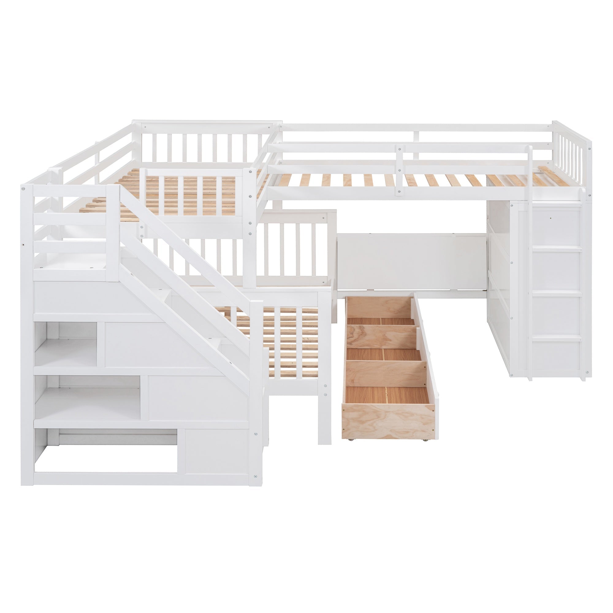 Bellemave® L - Shape Wood Triple Bunk Beds with Stairs, Desk, Storage Wardrobe, Shelves & Drawers - Bellemave
