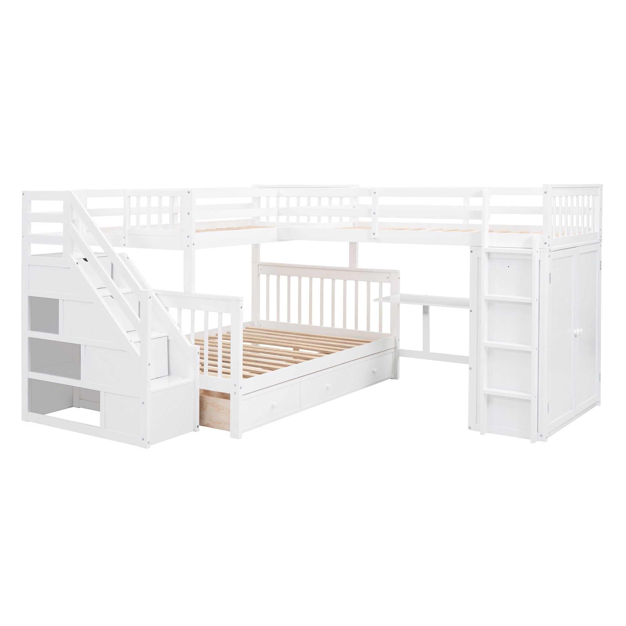 Bellemave® L - Shape Wood Triple Bunk Beds with Stairs, Desk, Storage Wardrobe, Shelves & Drawers - Bellemave