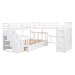 Bellemave® L - Shape Wood Triple Bunk Beds with Stairs, Desk, Storage Wardrobe, Shelves & Drawers - Bellemave