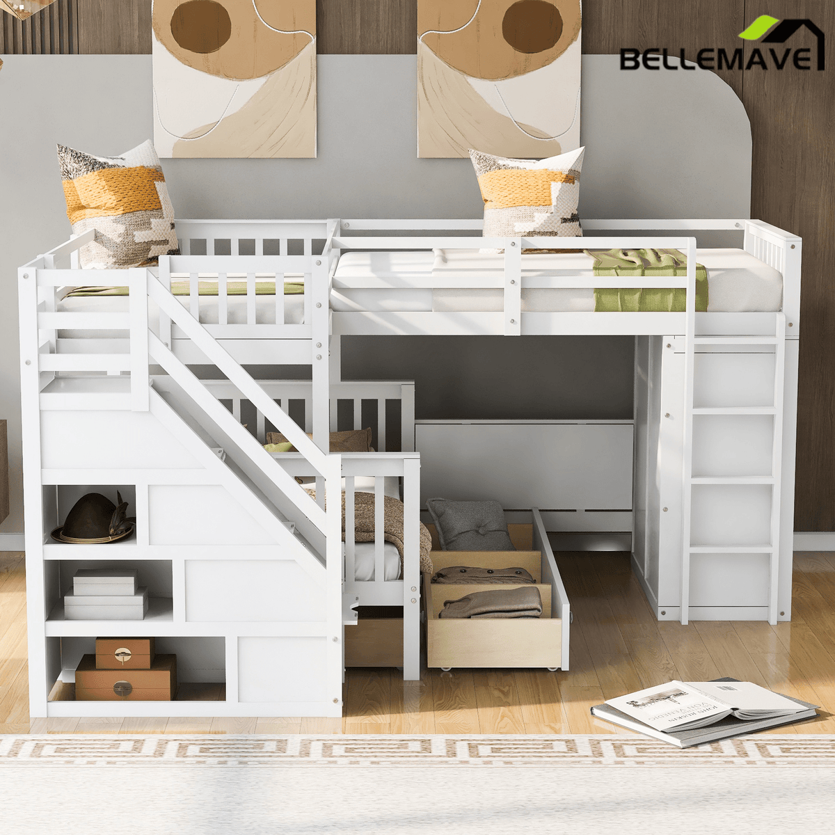 Bellemave® L - Shape Wood Triple Bunk Beds with Stairs, Desk, Storage Wardrobe, Shelves & Drawers - Bellemave