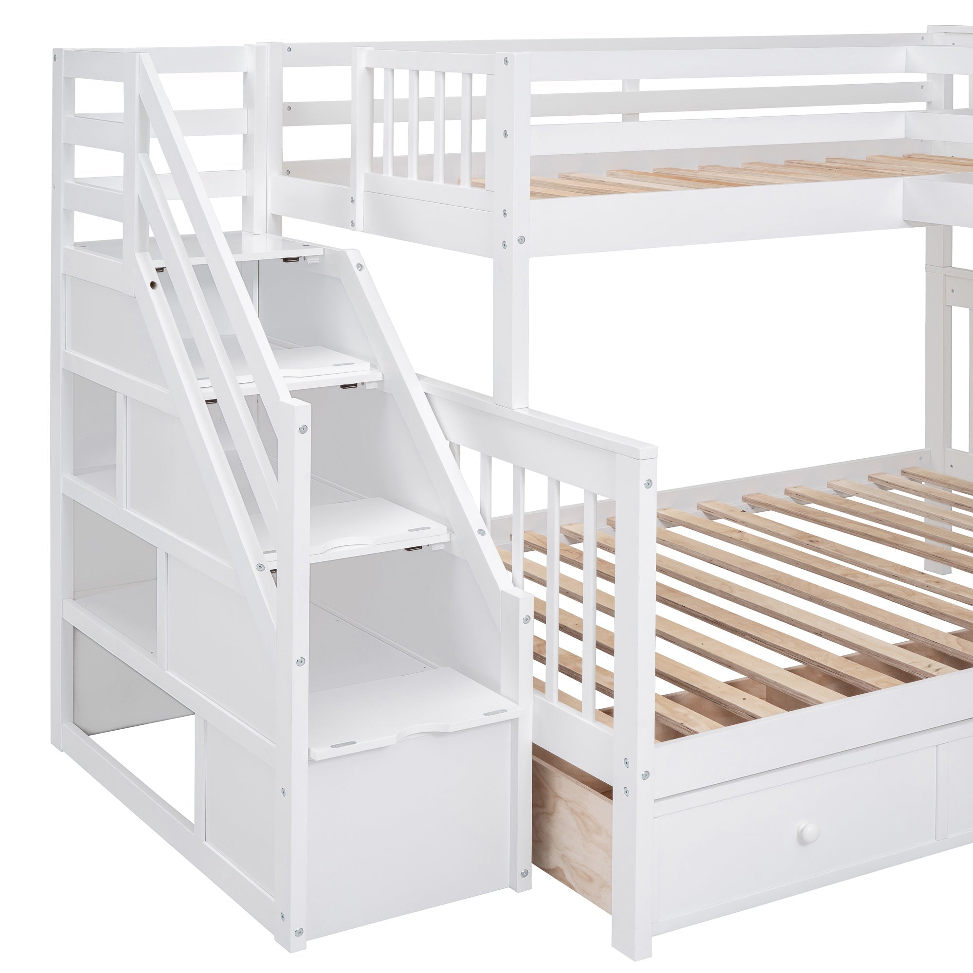 Bellemave® L - Shape Wood Triple Bunk Beds with Stairs, Desk, Storage Wardrobe, Shelves & Drawers - Bellemave