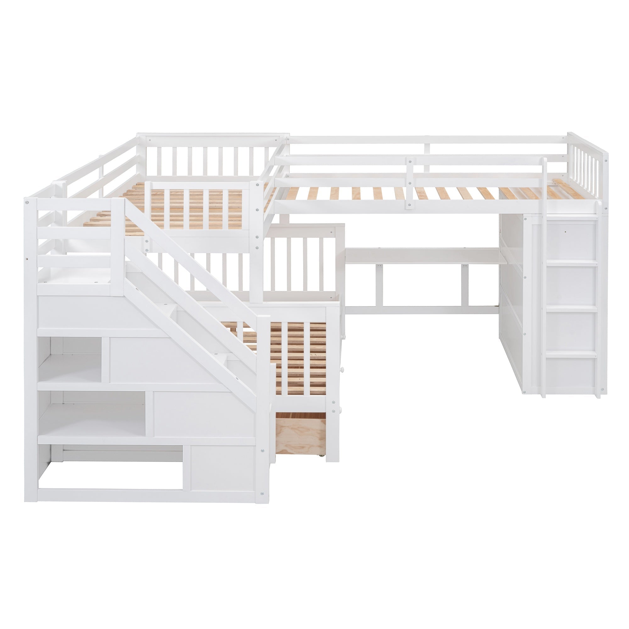 Bellemave® L - Shape Wood Triple Bunk Beds with Stairs, Desk, Storage Wardrobe, Shelves & Drawers - Bellemave