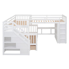 Bellemave® L - Shape Wood Triple Bunk Beds with Stairs, Desk, Storage Wardrobe, Shelves & Drawers - Bellemave