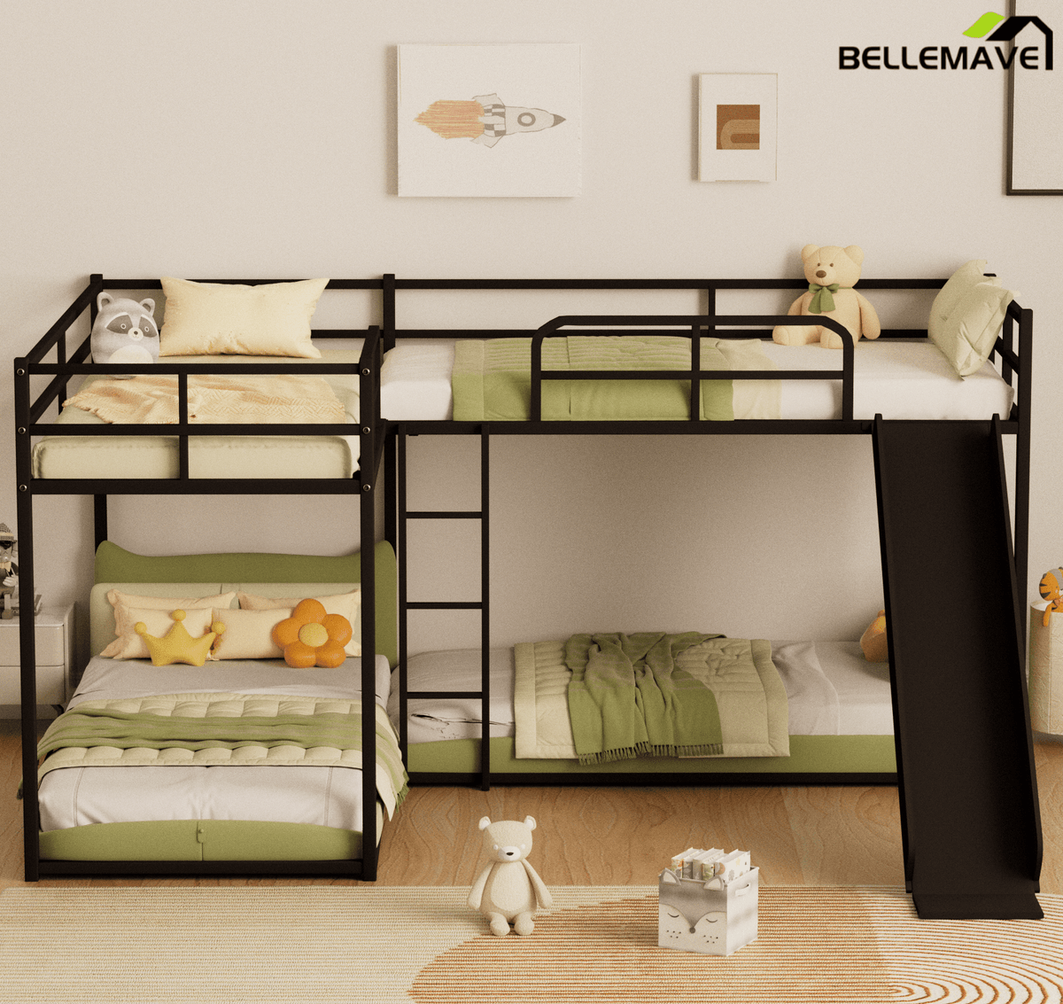 Bellemave® L - Shaped Bunk Bed, Metal Low Profile Bunkbeds with Full - Length Guardrail, Slide and Ladder, No Boxing Spring Needed, Black - Bellemave